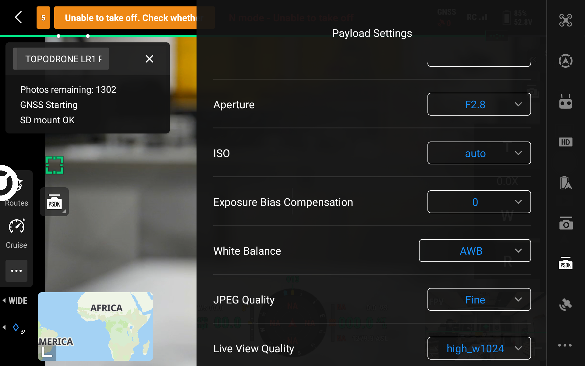 Payload Settings: ISO, white balance, JPEG quality