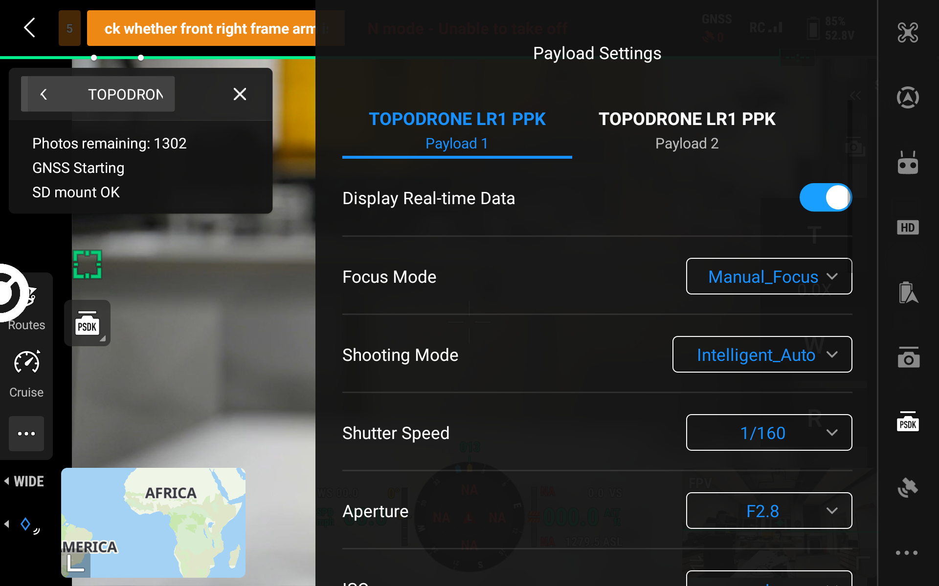 Payload Settings: camera parameters